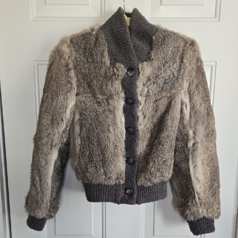 Women's Vintage 100% Rabbit Fur Jacket with Knit Accents Size Small